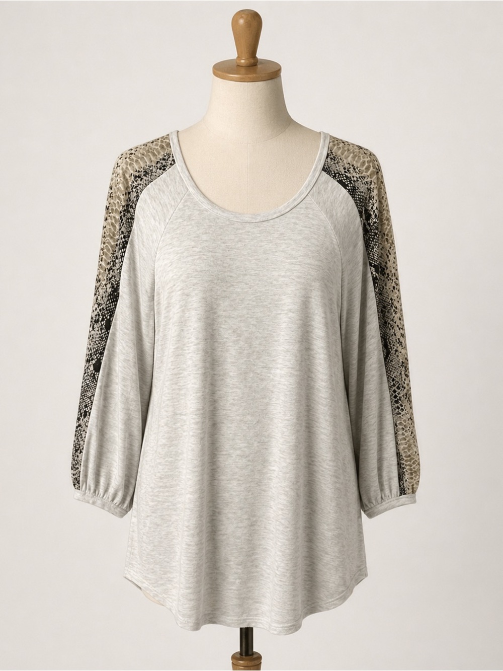 Adora Light Heather Gray Tunic Top with Snake Print Raglan Sleeves